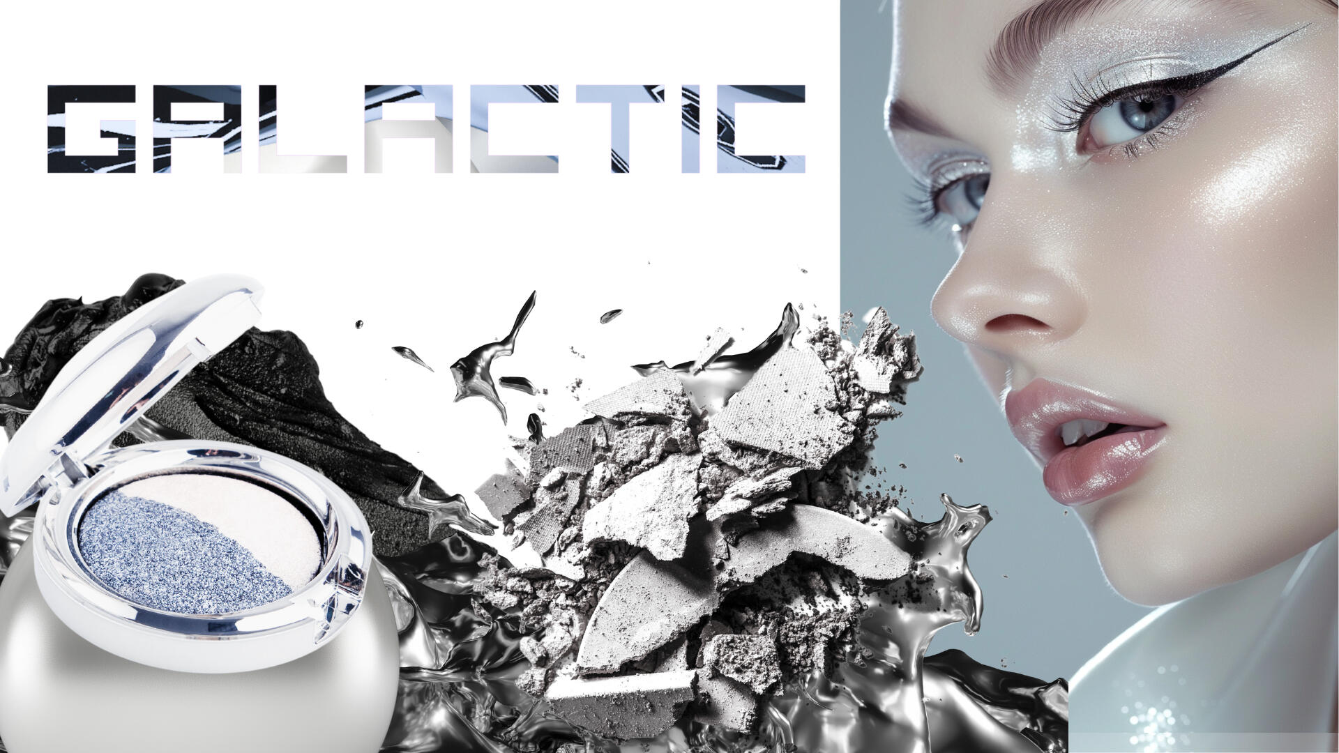 Design Layout (non AI), Font Styling Inside Letters (non AI), Stock Photos &amp; Elements Selections for Eyeshadows, Liquid Chrome &amp; Rock (non AI), AI Prompting for Model Image and Trend-Inspired Pantone Color for Makeup on Model.