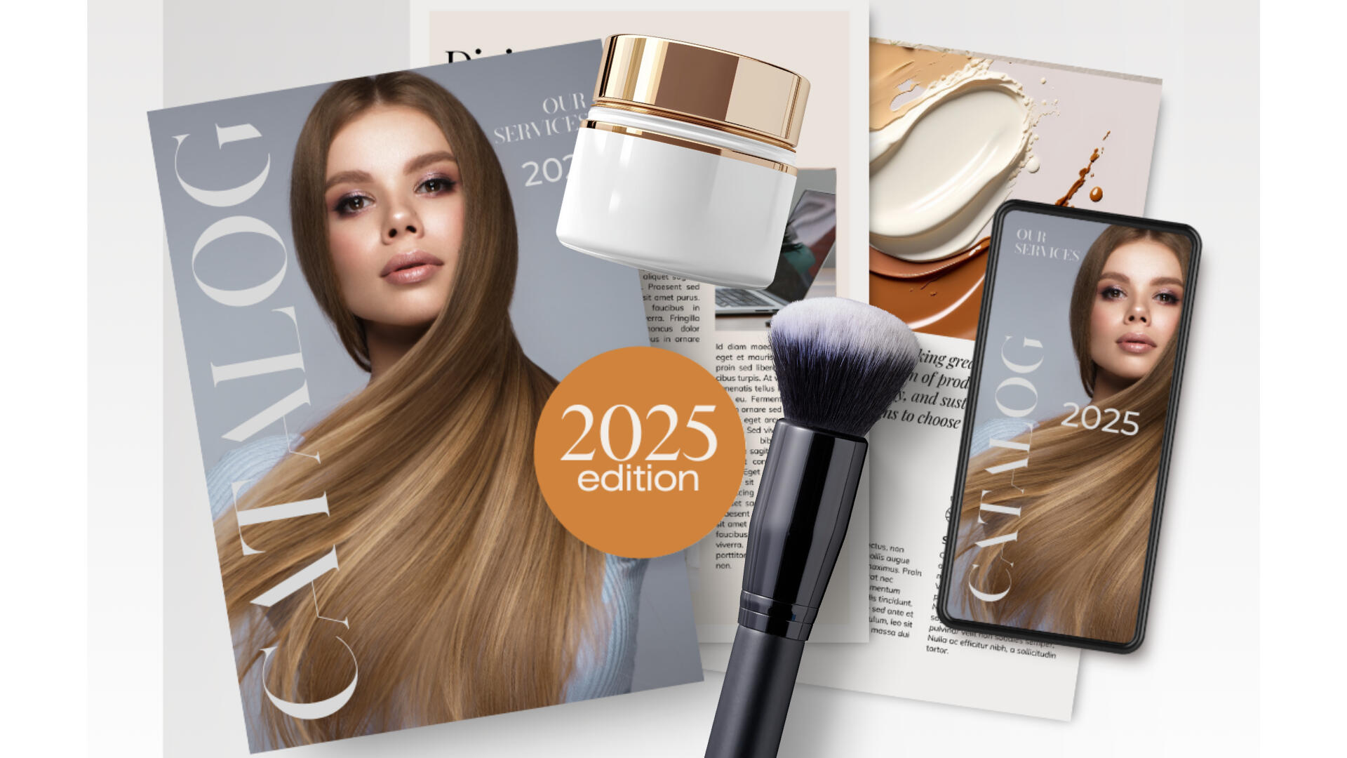 Modified Flat Template Design Layout for 3D Effect (non AI), Stock Photo Selections for Model and Makeup Brush (non AI), AI Prompting for Product Jar Image.